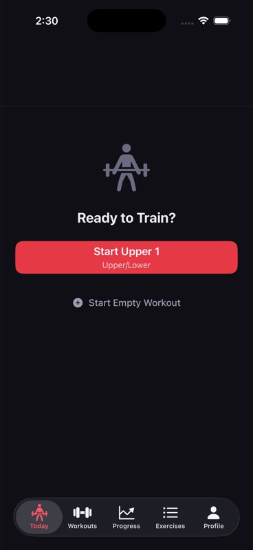 LiftProof Today tab showing the next scheduled workout