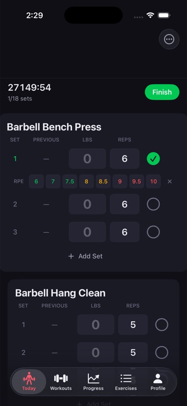 Monument set-execution sheet with RPE 8 selected on a bench press set