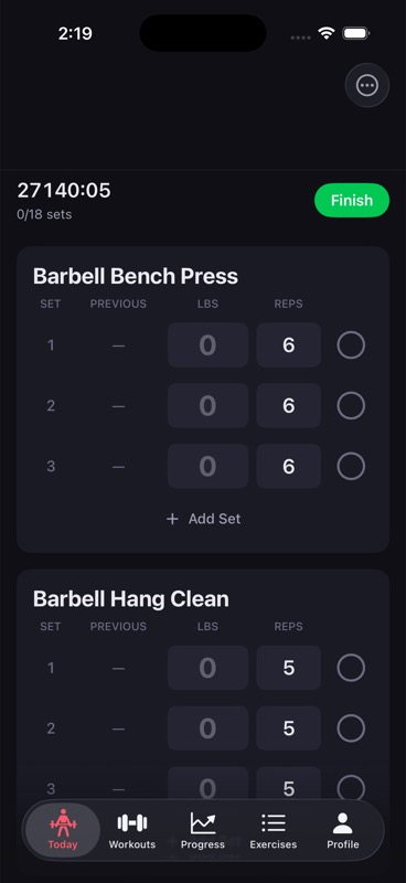 Ledger workout view with completed and upcoming sets listed in one table